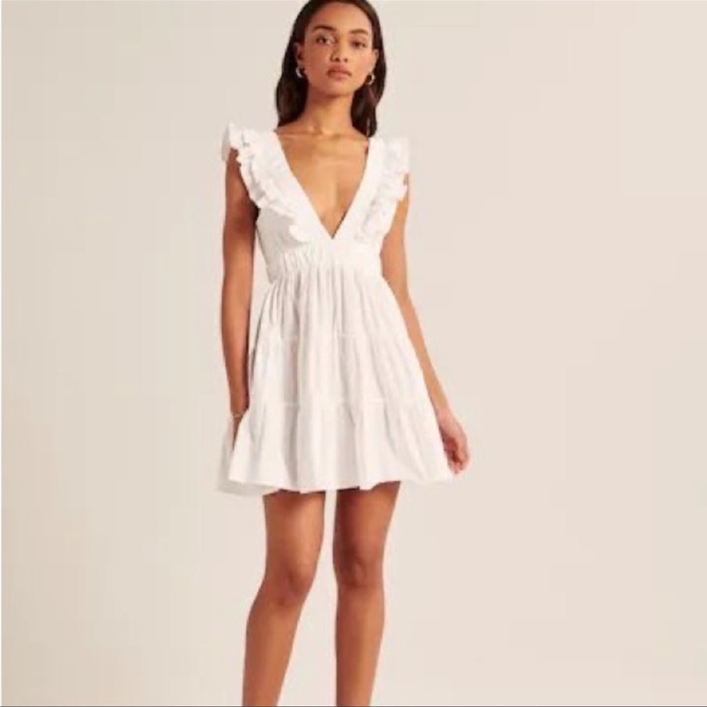 Abercrombie & Fitch size XL Deep V-Neck White Ruffle Tiered Mini Dress NWT